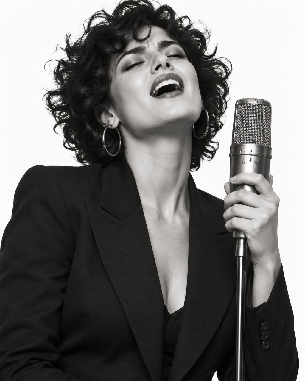 Singer performing into a vintage studio microphone